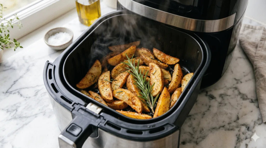 Quartiers de pommes de terre assaisonnés au romarin dans le panier de l'appareil, étape de cuisson d'une recette avec airfryer facile.