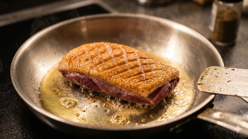 Cuisson du filet de canard à la poêle côté peau pour faire fondre la graisse.