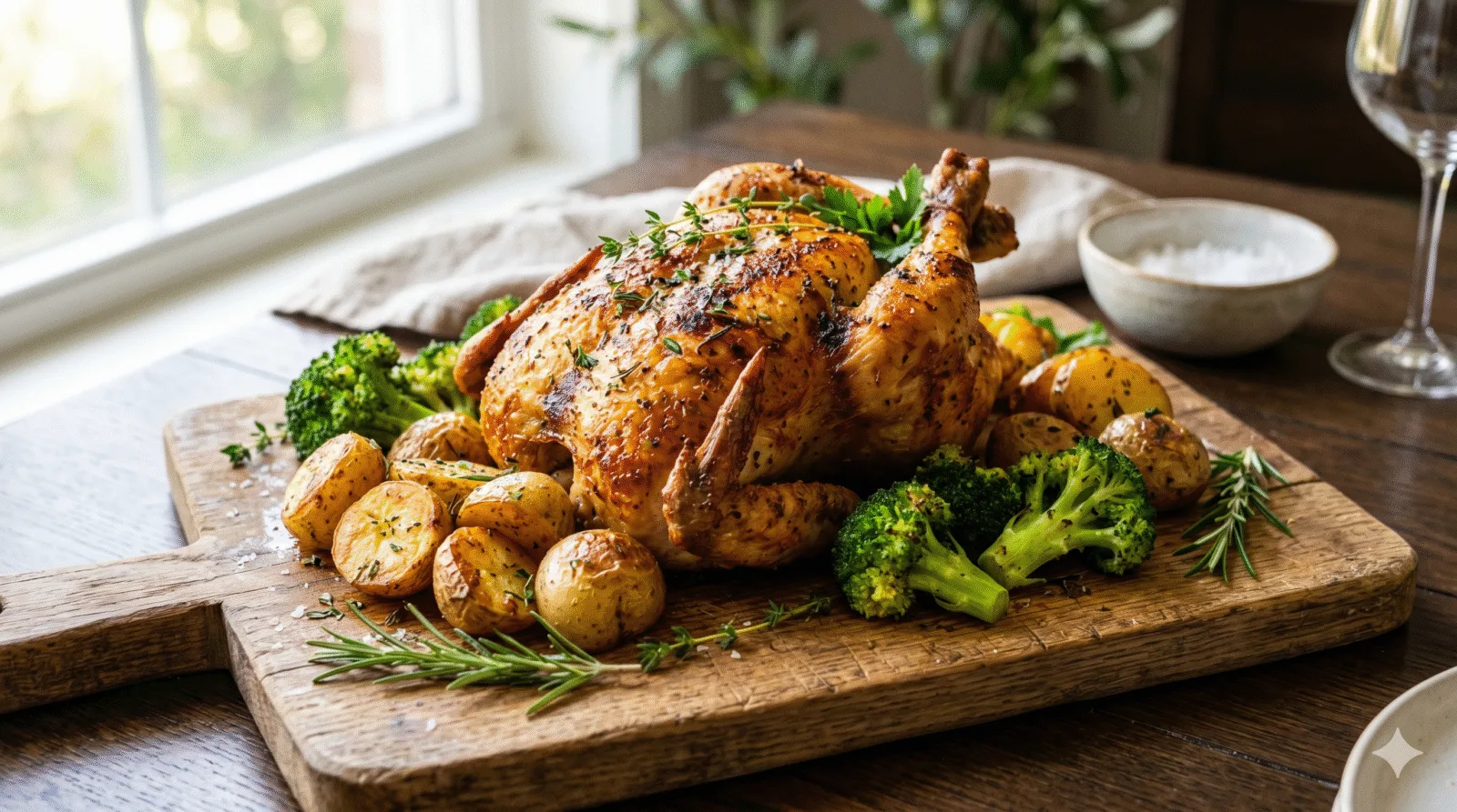 Poulet rôti croustillant et légumes dorés sur une planche en bois, l'une de nos meilleures recettes airfryer pour un repas familial.