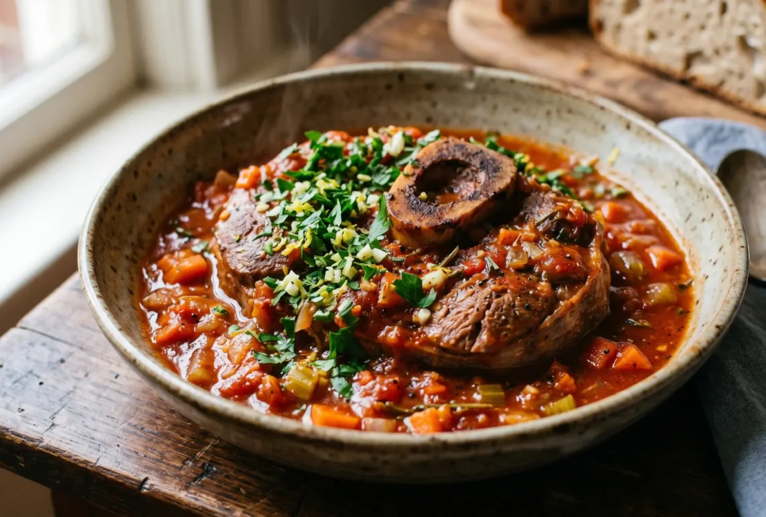 Un osso bucco de dinde fondant dans sa sauce tomate, parsemé de gremolata.
