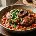 Un osso bucco de dinde fondant dans sa sauce tomate, parsemé de gremolata.