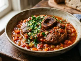 Un osso bucco de dinde fondant dans sa sauce tomate, parsemé de gremolata.