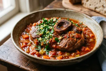 Un osso bucco de dinde fondant dans sa sauce tomate, parsemé de gremolata.