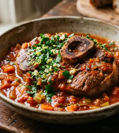 Un osso bucco de dinde fondant dans sa sauce tomate, parsemé de gremolata.