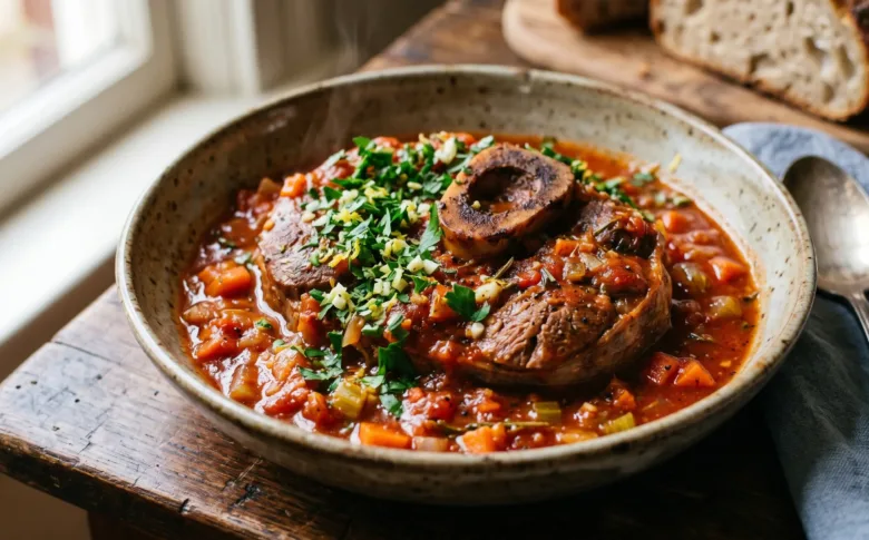 Un osso bucco de dinde fondant dans sa sauce tomate, parsemé de gremolata.