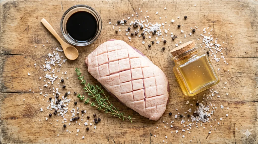 Ingrédients crus pour la recette : filet de canard, miel, vinaigre balsamique et poivre.