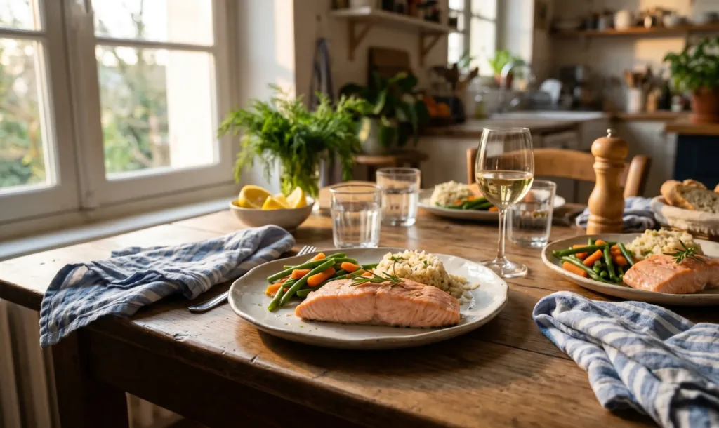 Plat de poisson servi sur une table familiale avec ses accompagnements