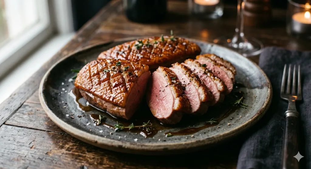 Tranches de filet de canard rosé nappées de sauce au miel dans une assiette sombre.