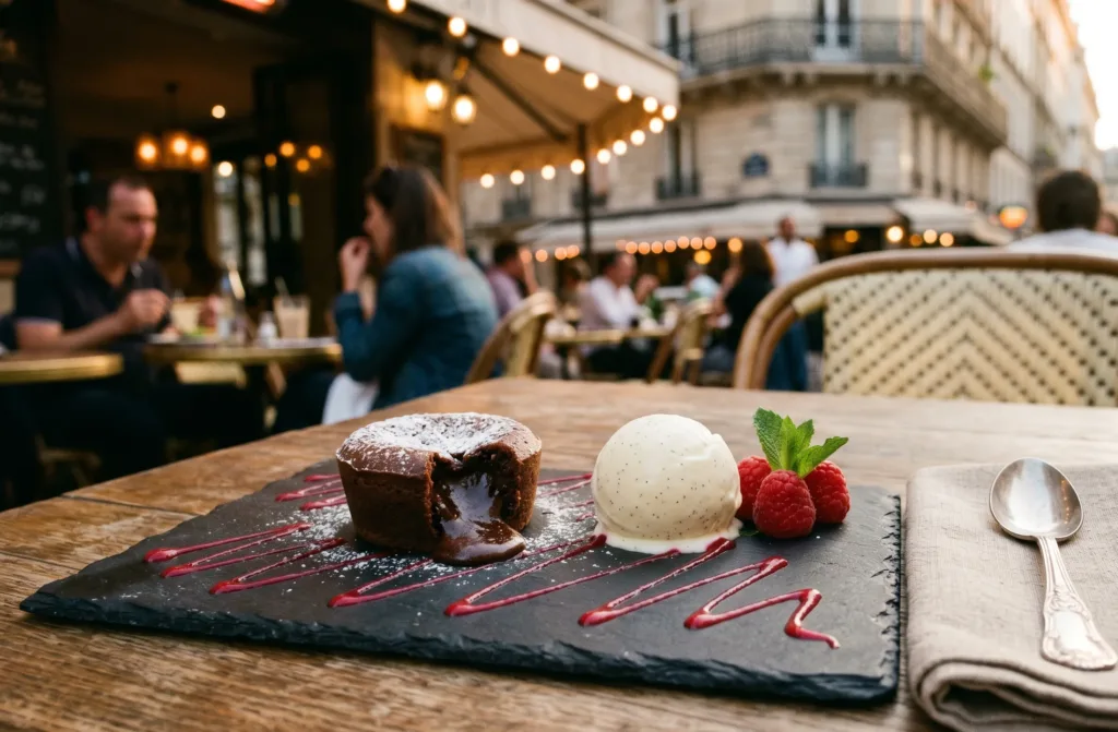 Dessert airfryer dressé à la française : fondant au chocolat avec glace vanille et coulis framboise
