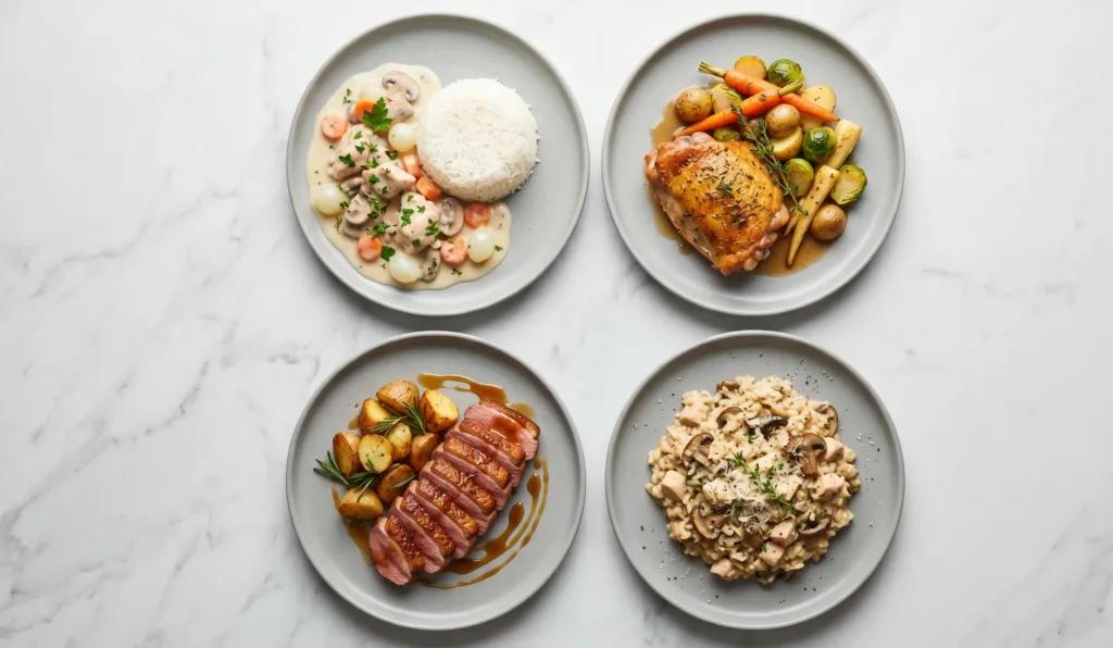 Différentes recettes de volaille : poulet, dinde, canard et risotto