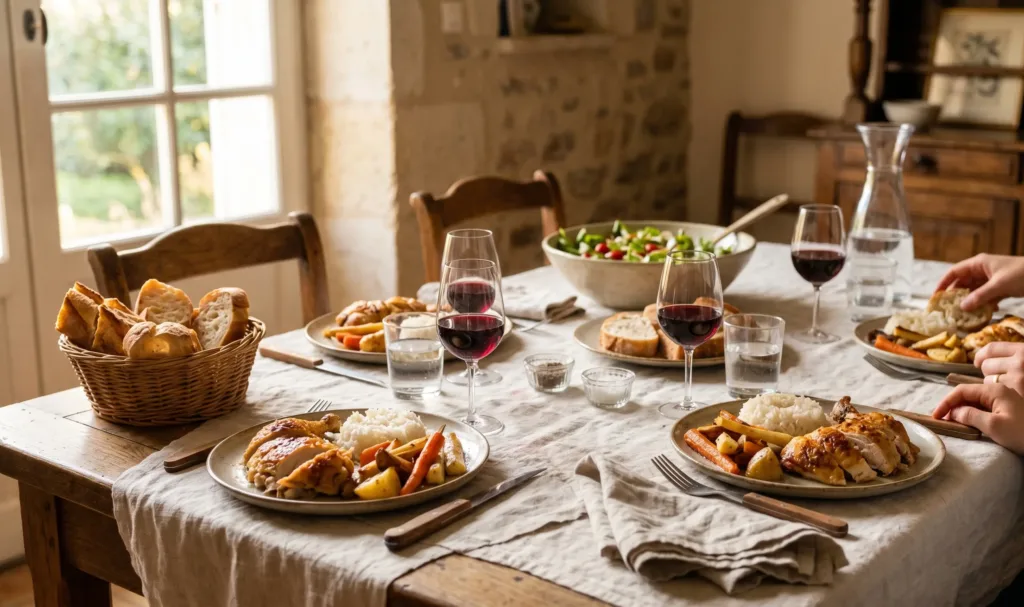 Plat de volaille servi sur une table familiale avec ses accompagnements
