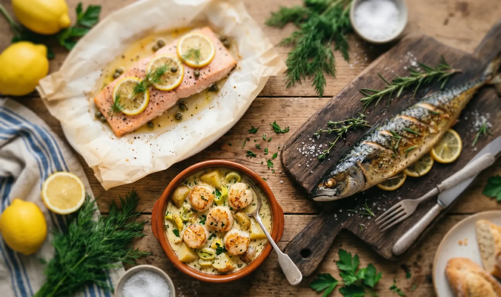 Sélection de recettes de poisson : saumon en papillote, cassolette de Saint-Jacques et maquereau au four