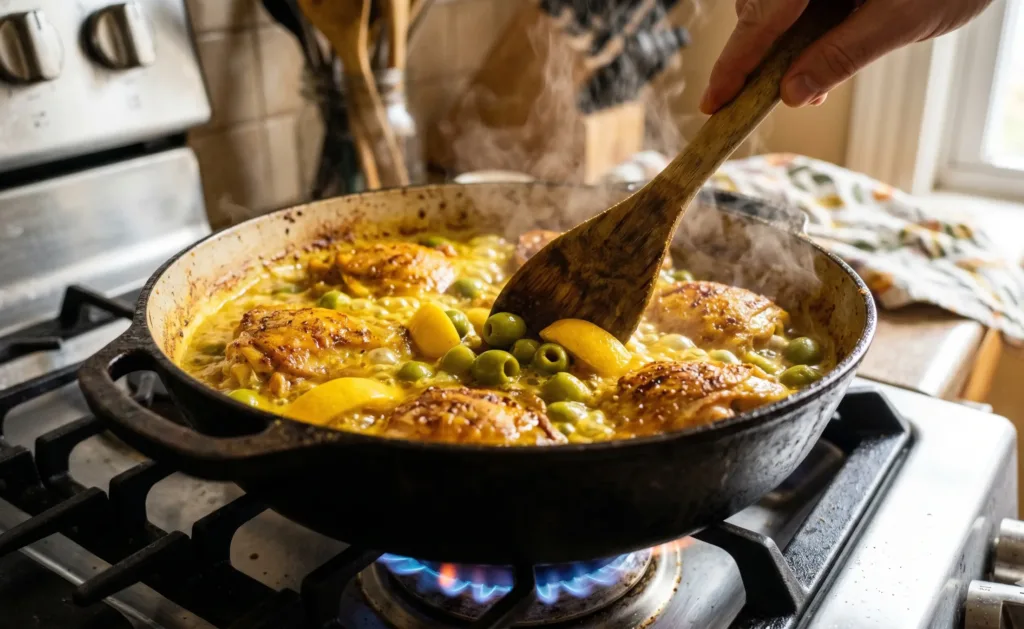 Ajout des olives vertes et du citron confit dans la cocotte pendant la cuisson du poulet.
