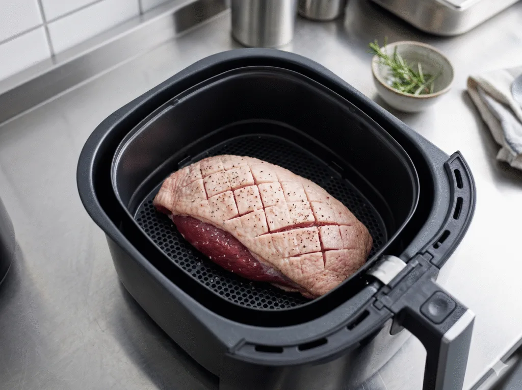 Magret de canard cru avec la peau quadrillée, placé dans le panier d'une friteuse sans huile prêt pour la cuisson.
