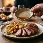 Assiette dressée de filet de canard tranché avec sa sauce en accompagnement.