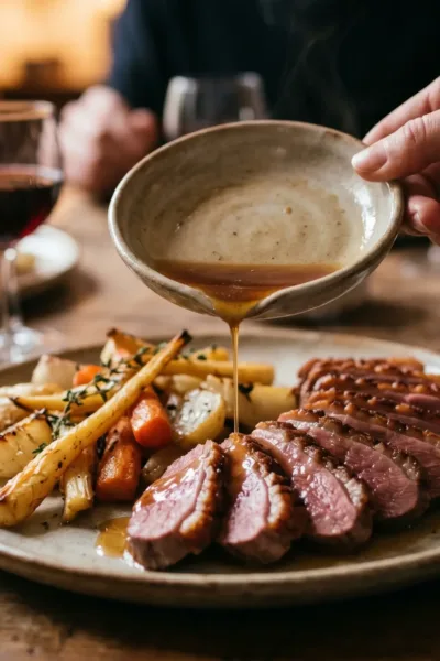 Assiette dressée de filet de canard tranché avec sa sauce en accompagnement.