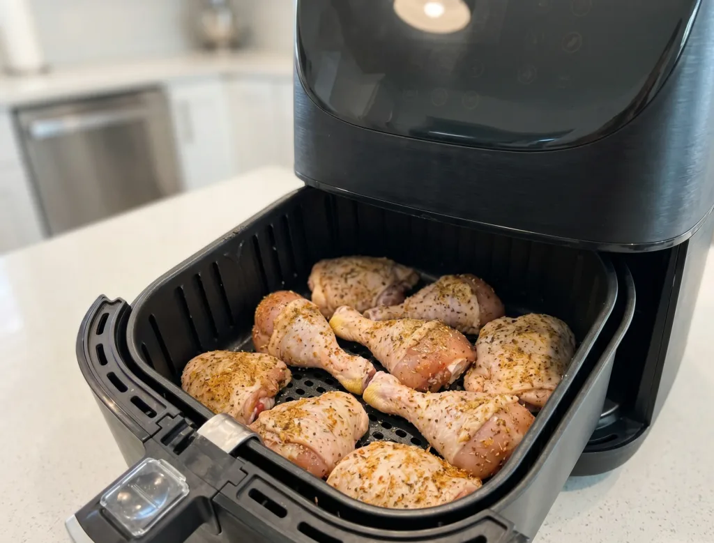 Morceaux de poulet assaisonnés disposés dans le panier d'une friteuse sans huile pour la cuisson.