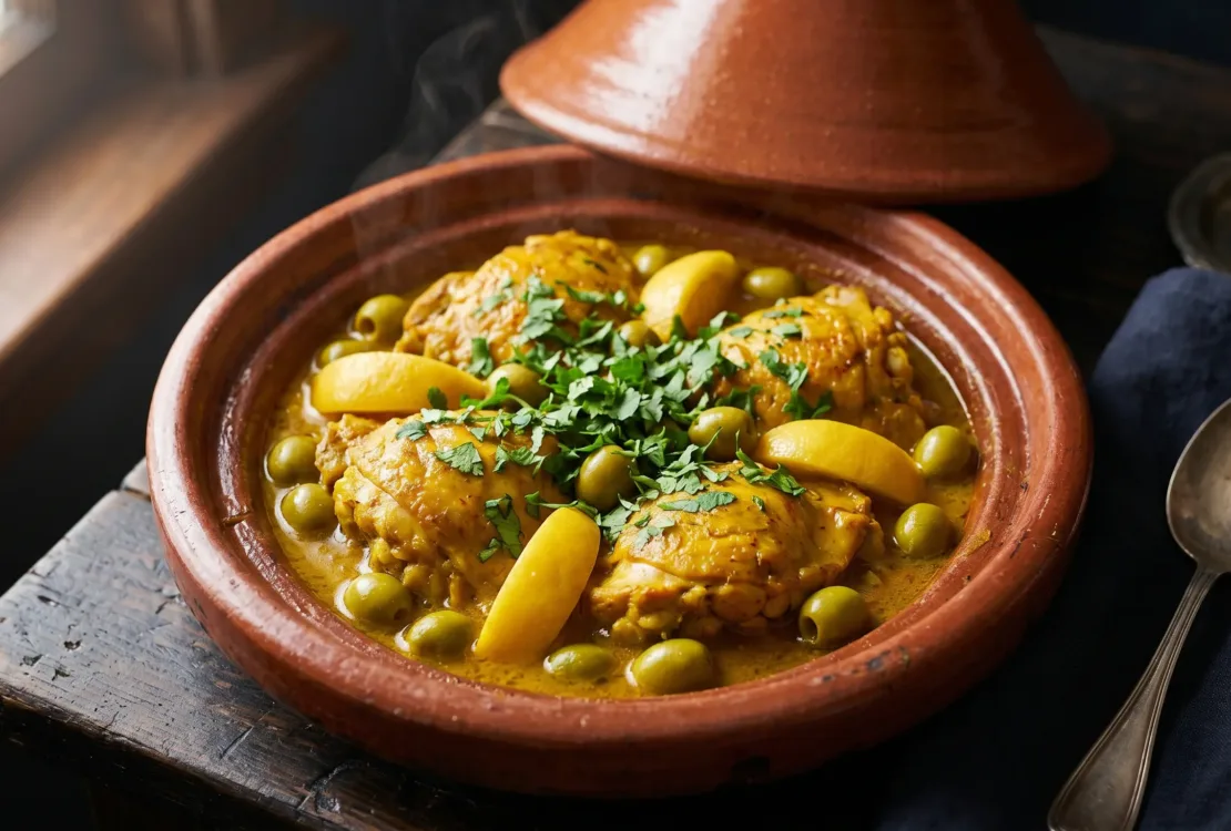 Poulet aux olives et citron confit servi dans une cocotte en terre cuite avec coriandre fraîche.