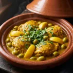 Poulet aux olives et citron confit servi dans une cocotte en terre cuite avec coriandre fraîche.