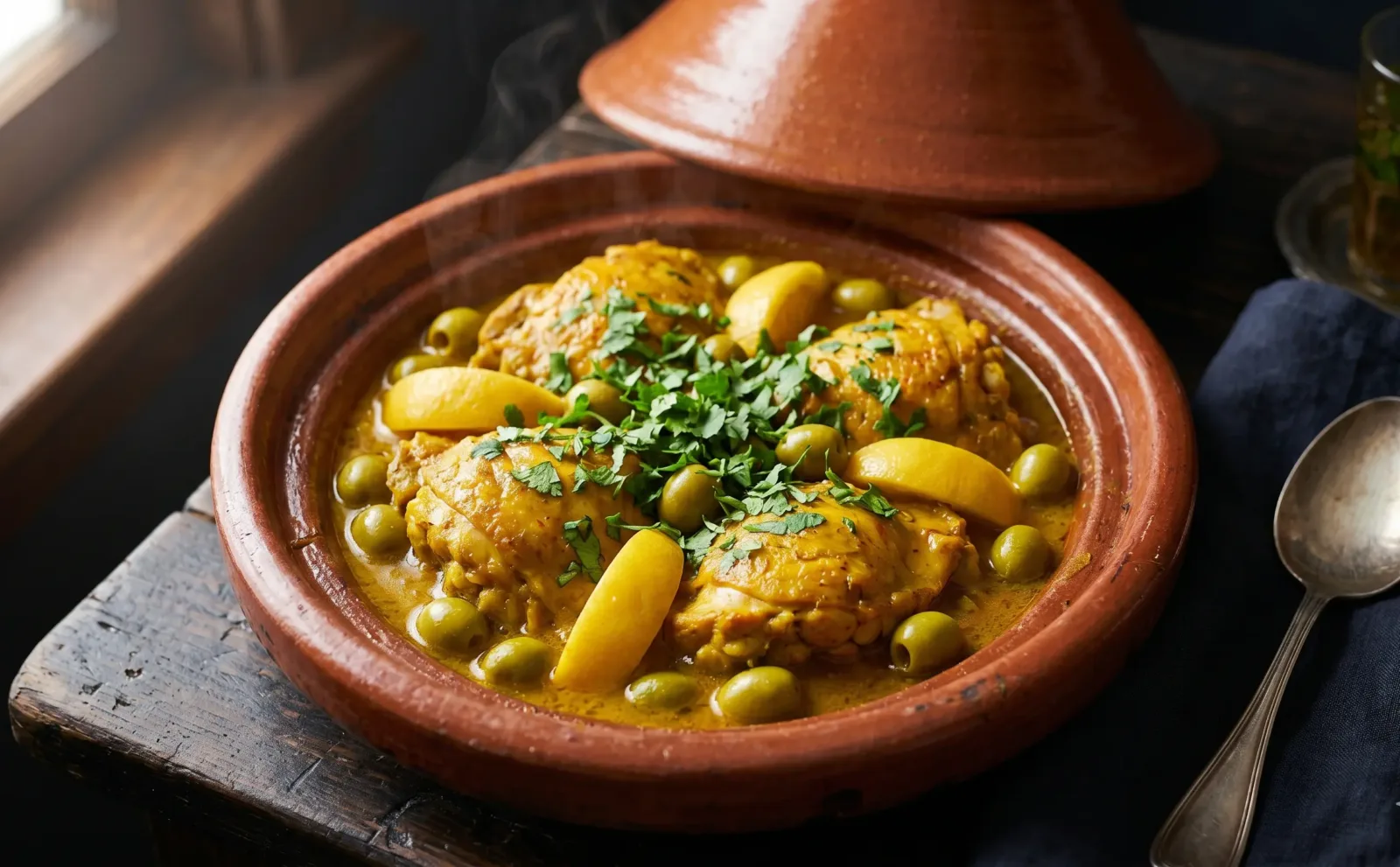 Poulet aux olives et citron confit servi dans une cocotte en terre cuite avec coriandre fraîche.