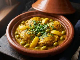 Poulet aux olives et citron confit servi dans une cocotte en terre cuite avec coriandre fraîche.