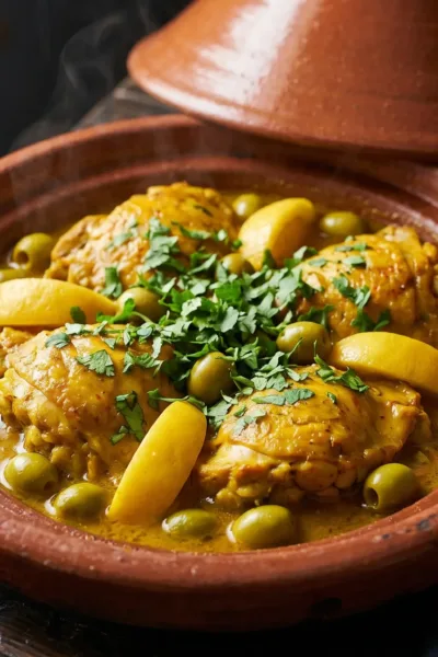 Poulet aux olives et citron confit servi dans une cocotte en terre cuite avec coriandre fraîche.