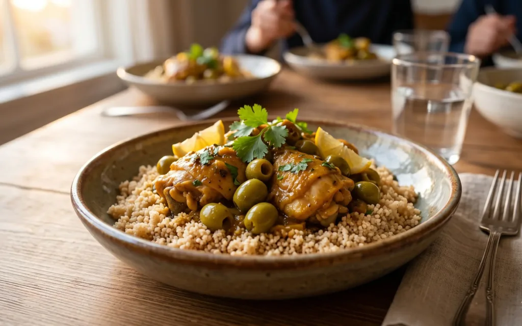 Assiette de poulet aux olives marocain servie avec de la semoule complète sur une table de dîner.