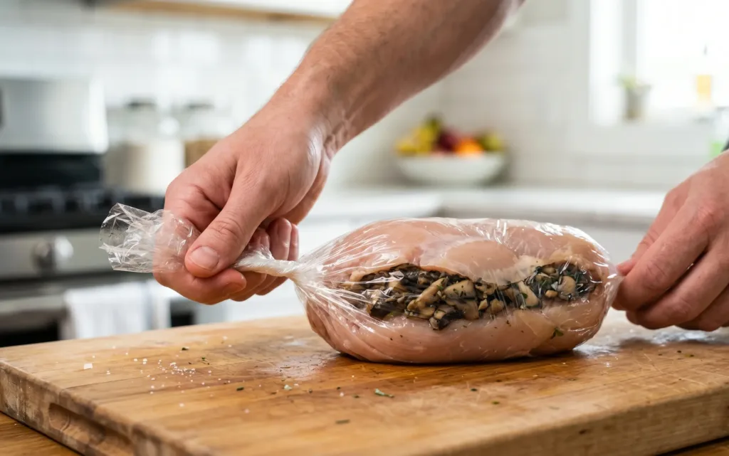 Technique pour rouler et fermer une ballotine de volaille dans du film alimentaire