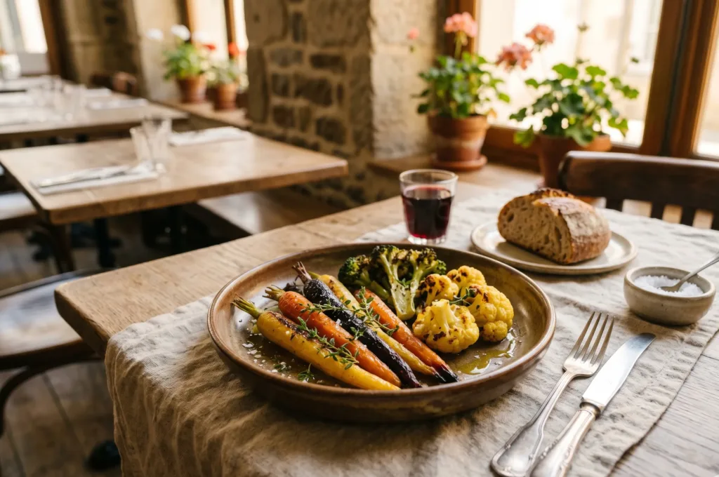 Assiette de légumes airfryer rôtis dressée à la française avec thym frais et filet d'huile d'olive