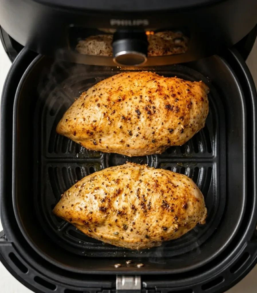 Deux blancs de poulet en cours de cuisson dans le panier de la friteuse à air chaud à 180 °C.