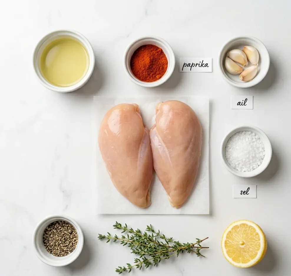 Ingrédients recette filet de poulet airfryer : blanc cru, huile d'olive, paprika, ail, sel, poivre, thym.