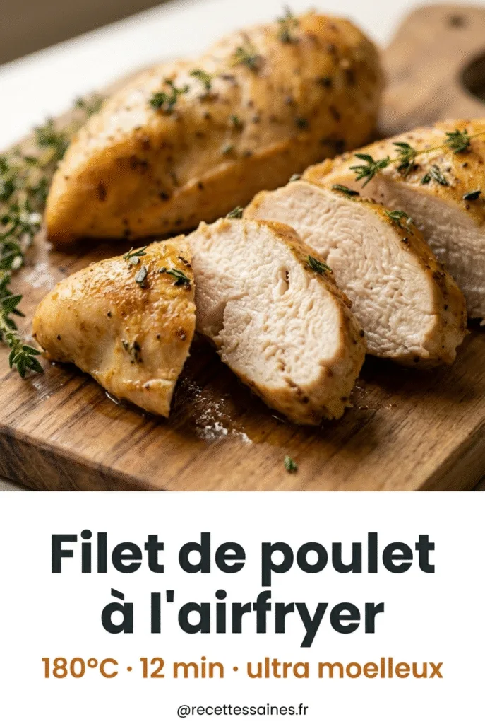 Pin Pinterest recette filet de poulet à l'airfryer, 180 °C en 12 minutes, version ultra moelleuse.