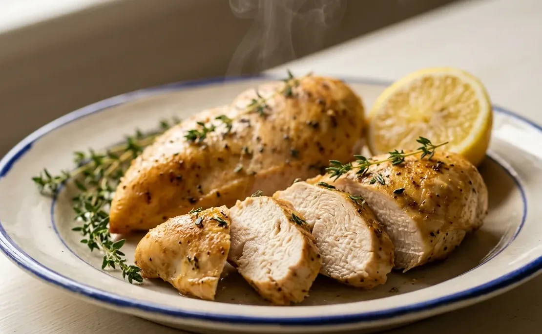 Filet de poulet airfryer tranché, doré et moelleux à cœur, sur assiette en céramique avec thym et citron jaune.
