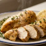 Filet de poulet airfryer tranché, doré et moelleux à cœur, sur assiette en céramique avec thym et citron jaune.