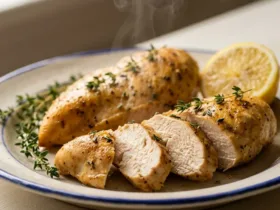 Filet de poulet airfryer tranché, doré et moelleux à cœur, sur assiette en céramique avec thym et citron jaune.