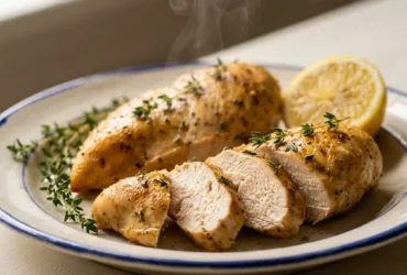 Filet de poulet airfryer tranché, doré et moelleux à cœur, sur assiette en céramique avec thym et citron jaune.