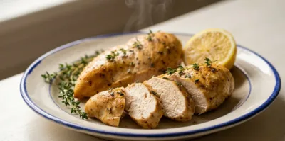 Filet de poulet airfryer tranché, doré et moelleux à cœur, sur assiette en céramique avec thym et citron jaune.