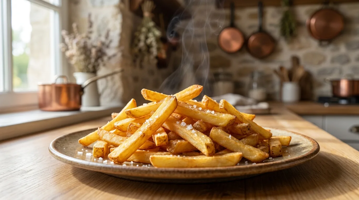Frites airfryer dorées et croustillantes servies dans une assiette en céramique, sortie de friteuse sans huile
