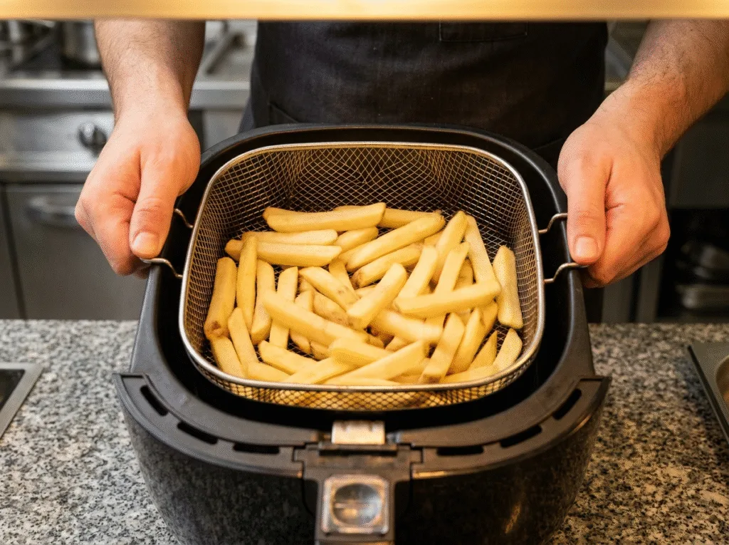 Pommes de terre coupées en frites disposées dans le panier de l'airfryer pendant la cuisson