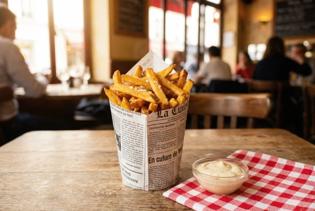 Frites airfryer servies en cornet de papier avec sauce aïoli, ambiance bistrot français