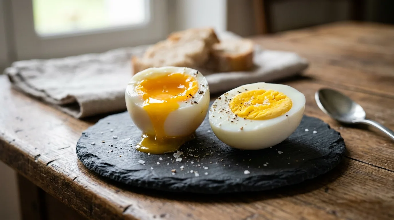 Oeufs airfryer durs et mollets coupés en deux, jaunes coulants et fermes en comparaison sur ardoise
