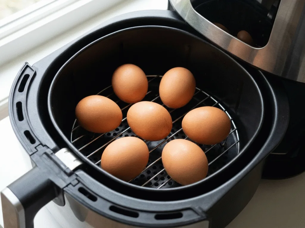 Six oeufs disposés sur la grille du panier d'une friteuse sans huile prêts à cuire
