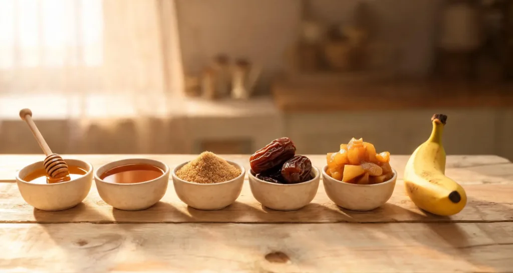 Alternatives au sucre raffiné pour desserts healthy : miel, dattes, compote et banane