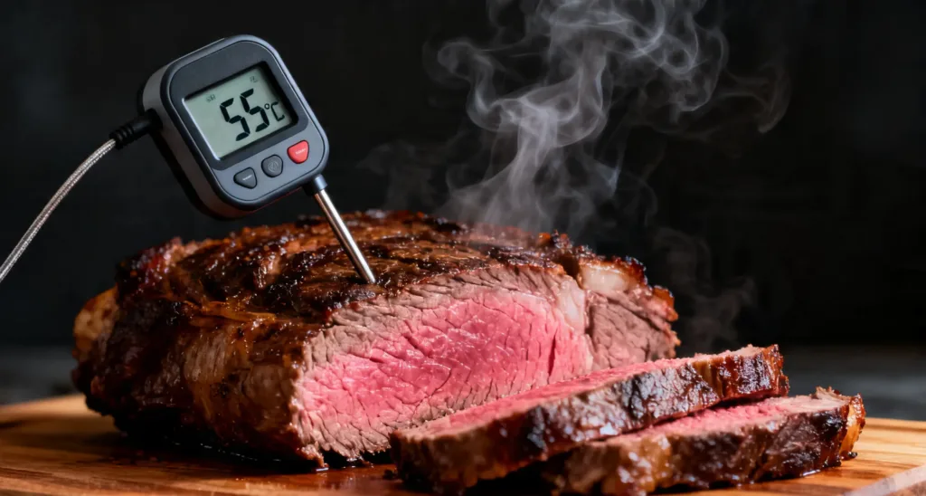 Température à cœur d'un rôti de bœuf saignant vérifiée à la sonde après cuisson au four