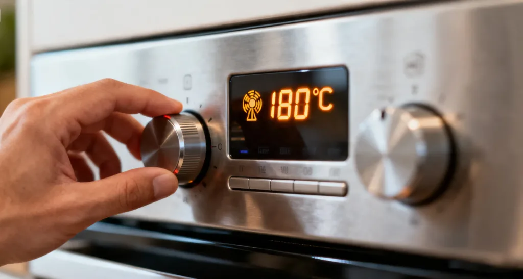 Réglage de la température du four à 180 °C en chaleur tournante, équivalence thermostat 6