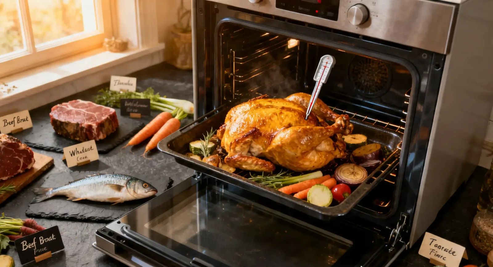 Tableau des temps de cuisson au four : rôti, poisson et légumes avec thermomètre à sonde