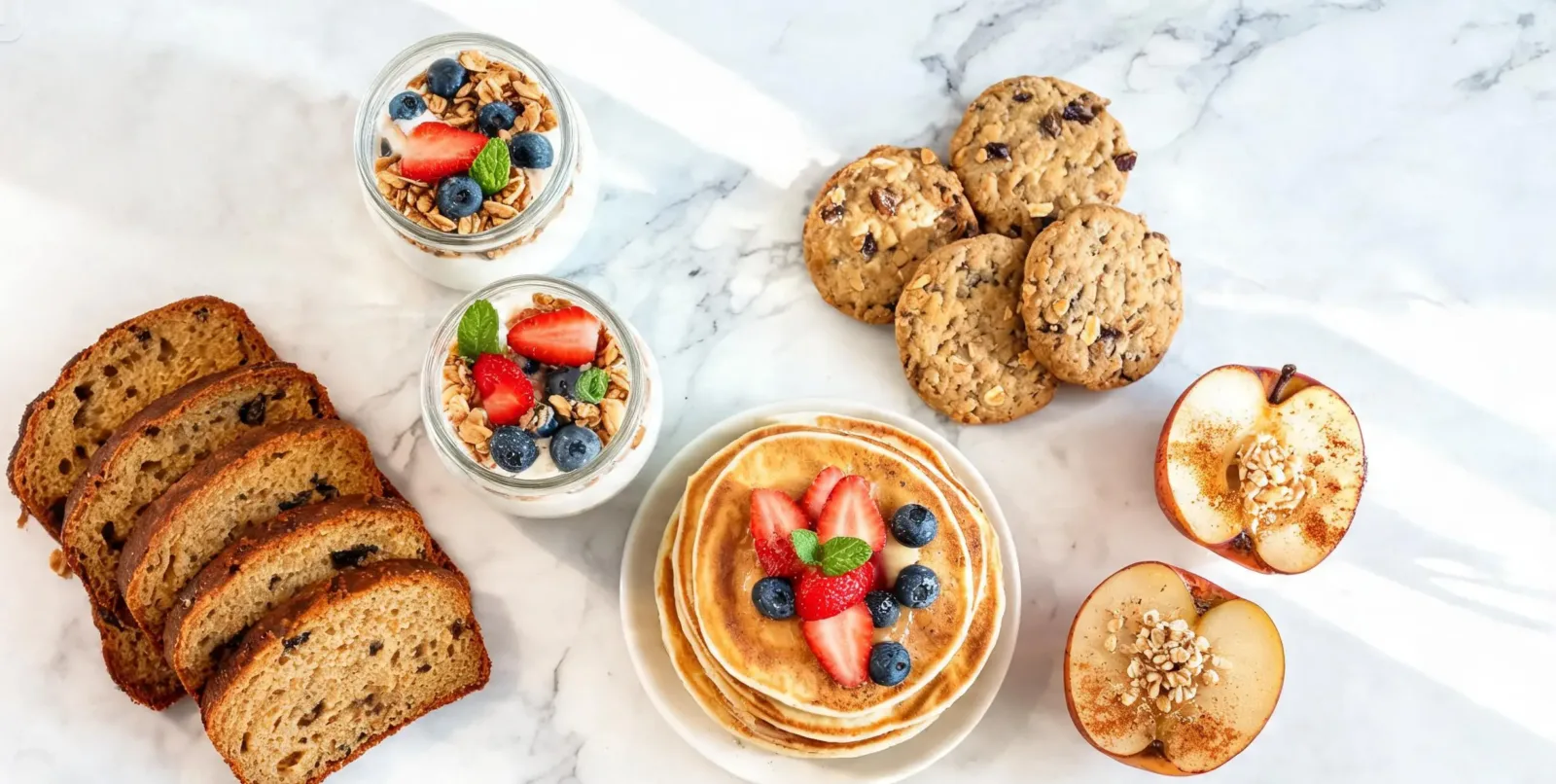 Assortiment de desserts healthy : banana bread, granola, pancakes et pommes au four