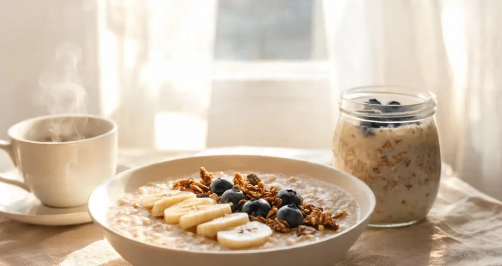 Petit-déjeuner healthy avec porridge, granola maison et fruits frais
