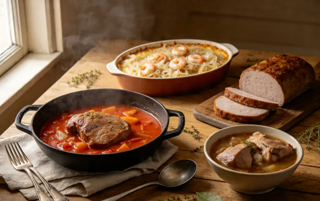 Assortiment de plats mijotés français en version équilibrée sur une table en bois