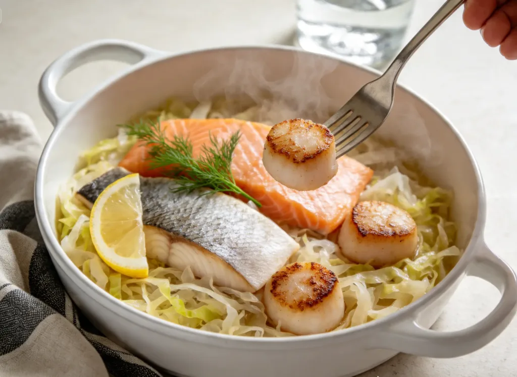 Choucroute de la mer, plat mijoté léger au poisson fumé et Saint-Jacques